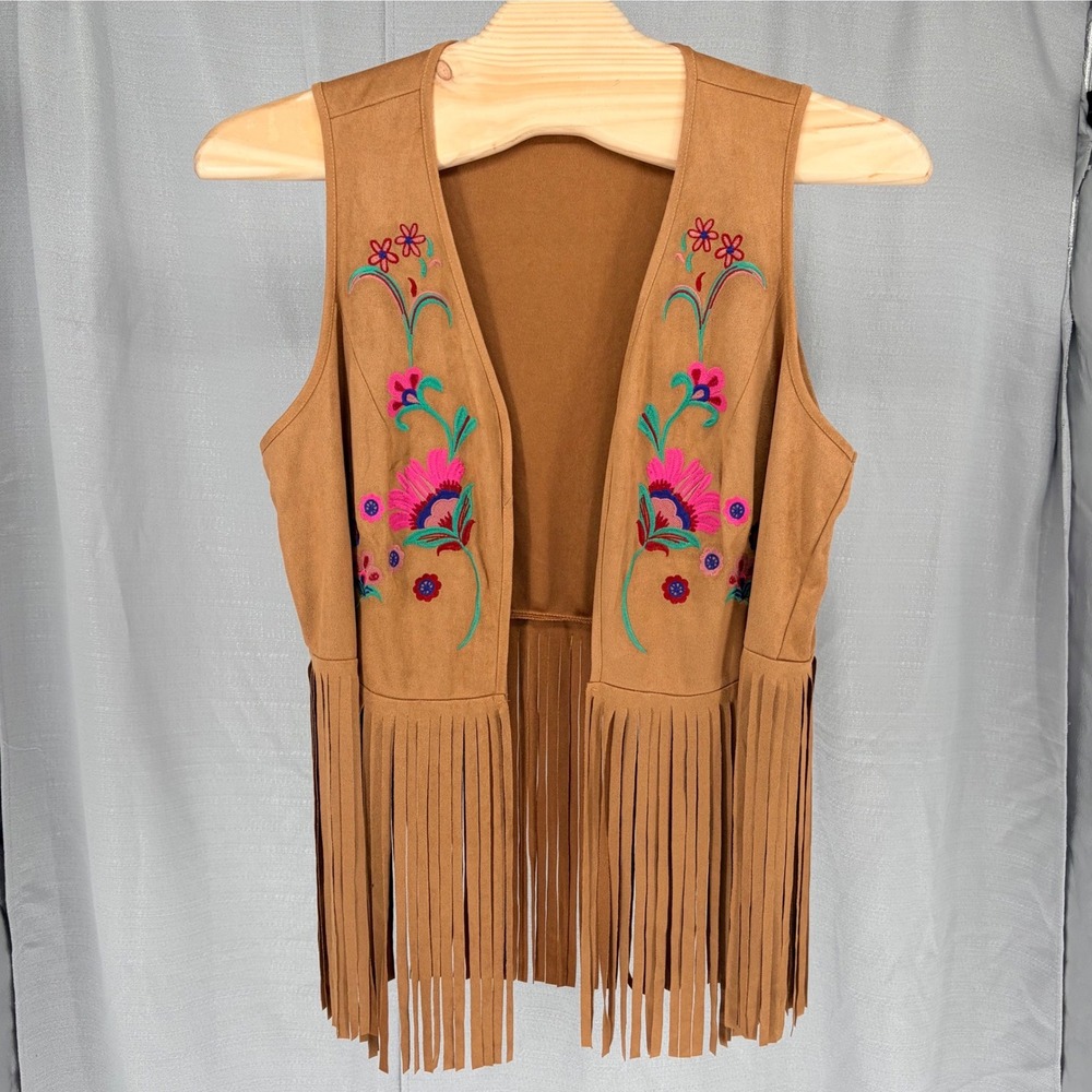 Unbranded Faux Suede Vest 3X Brown Floral Embroidered Fringe Open Front Boho
